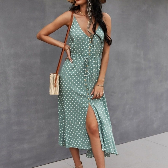 New Chic Flowy Polka Dot Button Front Cami Dress Midi Green White - Picture 3 of 9